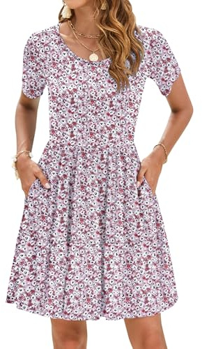 AUSELILY Vestidos de Verano para Mujer Elegante Vestido de Playa con Volantes Vestido Casual de Manga Corta con Bolsillos Rojo Blanco Flor L