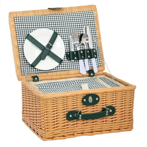 Outsunny Panier Pique Nique en Osier pour 2 Personnes, Panier Picnic avec Compartiment Isotherme et Couverture de Pique-Nique imperméable, poignée de Transport, pour Camping randonnée BBQ, Marron