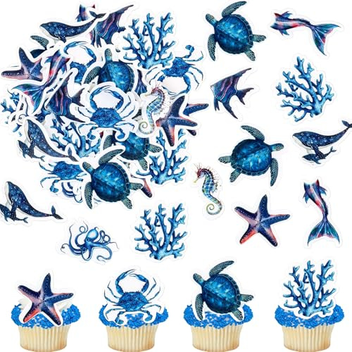 Blumomon 45pcs Edible Ocean Animal Cupcake Toppers Under the Sea Octopus Seahorse Sea Turtle Cake Decorations for Under the Sea Theme Baby Shower Birthday Party Supplies
