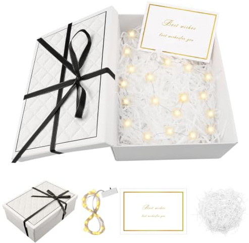FICOFISE Presentförpackning med lock, 25 x 18 x 8,5 cm presentförpackning, presentförpackning födelsedag, vikbar presentförpackning med rosetter gratulationskort raffia, för bröllop, jul årsdag (vit)