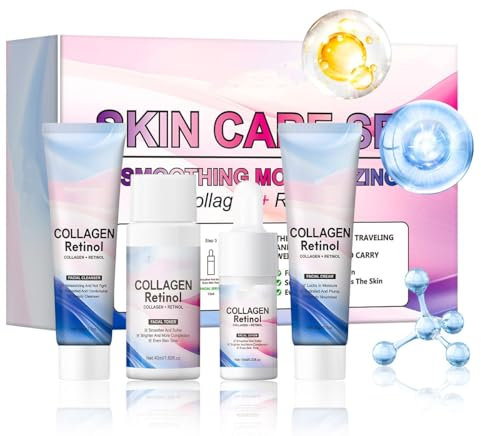 Kit di idratazione al collagene e retinolo, set di riparazione per la cura della pelle in formato da viaggio, detergente, siero idratante, crema viso e tonico, kit di routine per la cura della pelle
