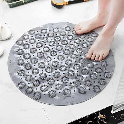 Duschmatta med sugkoppar, duschmatta halkfri anti-mögel, rund halkfri badmatta 53 x 53 cm anti-mögel PVC badmattor med dräneringshål och massagebubbla lätt att rengöra och sköta (1 x grå)