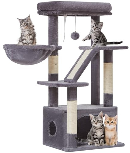 Taoqimiao Tiragraffi per Gatti, 98cm Stabile Albero Tiragraffi per Gattii con 1 Grotte, 1 Cestini, 4 Pali Graffiatoi, 1 piattaforme, Materiale di Flanella Morbida, Grigio Scuro MS029SG