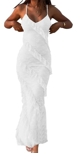 HOCILLE Women's Sexy V Neck Floral Lace Wedding Bodycon Spaghetti Strap Elegant Ruffle Maxi Cocktail Party Dresses, X-Small, White