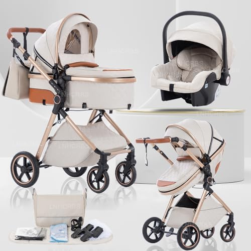 Lnhcrbs Cochecito Bebe 3 Piezas con portabebés, Sistema de Viaje's portabebés es Plegable,Carrito de Bebé Mang es Ajustable, las Ruedas son de Material PU,para 0-3 Años,Beige