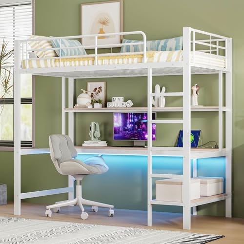 YCYDHDM Cama alta de metal 90 x 200 cm con escritorio y espacio de almacenamiento, litera con estantes y escalera, diseño de valla de seguridad, cama para niños y adolescentes, color blanco