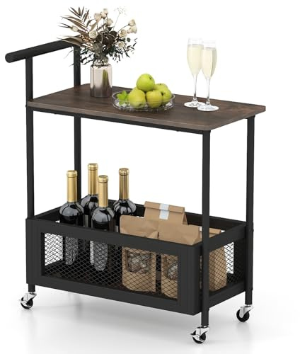 COSTWAY Mesa Auxiliar con Ruedas y Asa, Mesa Lateral de Sofá de 2 Niveles con Estante Abierto y Cesta de Malla, Mueble Auxiliar Rodante para Salón, Dormitorio, Cocina, 60 x 40 x 72 cm, Negro y Marrón