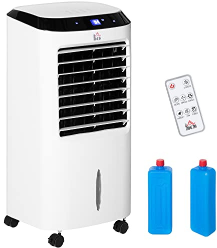 HOMCOM Condizionatore Portatile 4 in 1, Serbatoio 10L, Ventilatore, Umidificatore con Ghiaccio e Deumidificatore, 3 Velocità, 9 Modalità e Telecomando, Timer 8 Ore, 60W in ABS, 38.2x31.6x76 cm, Nero