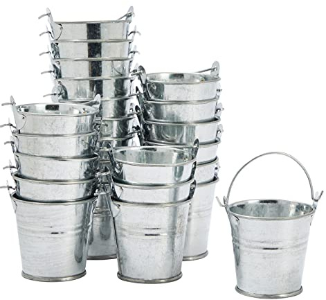 Juvale Mini Metal Buckets - 2 x 2 in, Silver, Pack of 24 - Mini Tin Buckets & Metal Tins with Handles for Party Favors, Crafts & Galvanized Decor