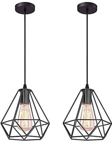 iDEGU Lot de 2 Lampes Suspensions Vintage, 20cm Lustre Industriel Suspension Luminaire Abat-jour en Métal en Forme Dimant de Cage Plafonnier pour Chambre, Salon, Salle à Manger, Cuisine (Noir)
