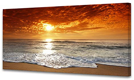 Muolunna S04650 Canvas Prints Wall Art Sunset Ocean Beach Pictures Photo Paintings for Living Room Bedroom Home Decorations Stretched and Framed Ready to Hang Seascape Waves Artwork 20x40inch