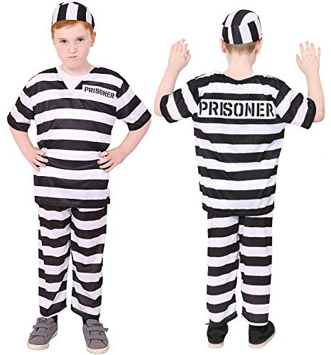 Barn PRISONER COSTUME – unisex svart och vit randig konvekt fansdräkt med topp, byxor och mössa för pojkar och flickor – liten