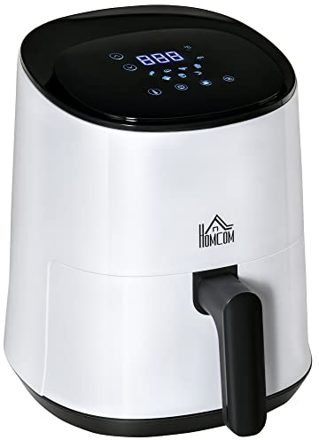 HOMCOM Heißluftfritteuse 2,5 L 1300W mit 7 Menüs Antihaftbeschichteter Korb für gesundes ölfreies fettarmes Kochen Stahl Weiß+Schwarz 33,9 x 24,9 x 29,9 cm