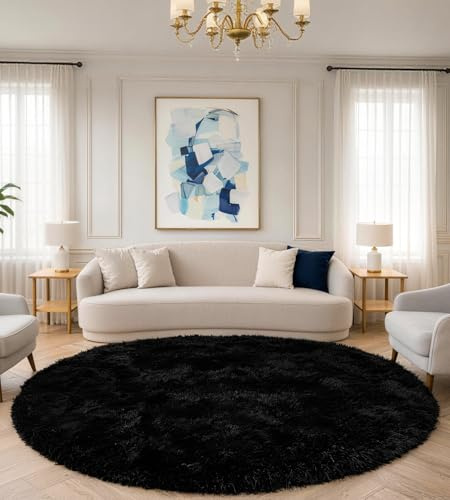 VOFUSHON Tappeto Salotto 150 CM Nero Tappeto Camera da Letto Shaggy Tappeti Lavabili Antiscivolo Oversize
