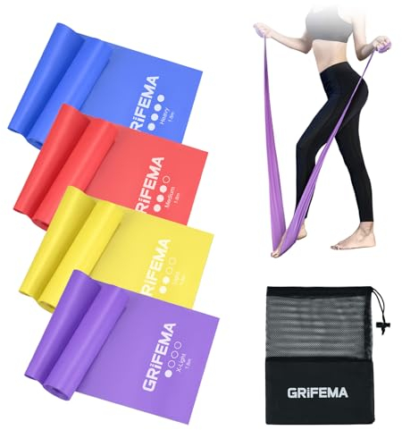 GRIFEMA Fitnessbänder [4er Set], Gymnastikband mit 4 Widerstandsstufen, Fitnessband mit Tragetasche & Übungsanleitung, Resistance Bands für Yoga, Pilates, Blau, Rot, Gelb, Violett