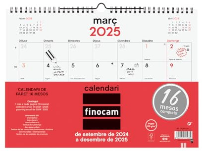 Finocam - Calendario Neutro Pared 16 Meses 2024 2025 Mes Vista Septiembre 2024 - Diciembre 2025 (16 meses) Neutro Catalán