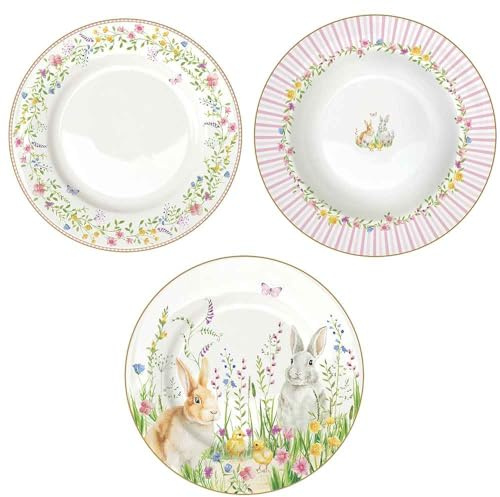 Easy Life Set 18 servicio de platos de Pascua para 6 personas en porcelana Feliz Pascua