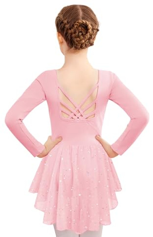 Zaclotre Girls Long Sleeve Ballet Leotards with Shiny Skirts Toddler Crisscross Back Dance Dress Outfits Ballet Pink 6-7Years