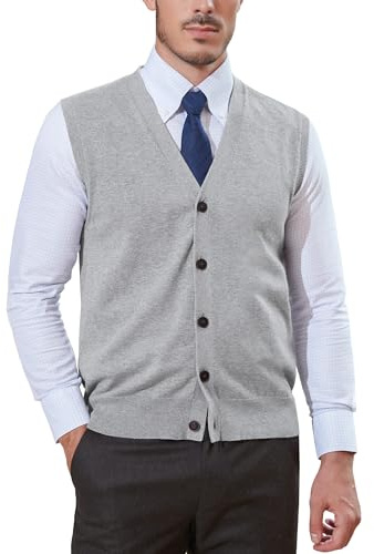 Kallspin Gilet en coton 100% pour homme avec col en V boutonné sans manches - Cardigan élégant décontracté en tricot, gris clair, XXL