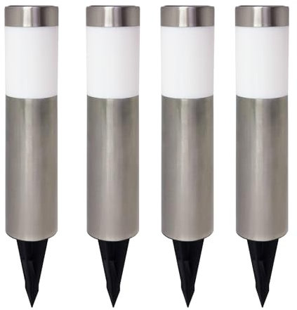 LED ATOMANT Pack 4x Baliza LED Solar, Acero Inoxidable, Color Blanco Cálido, Impermeable IP67, Iluminación exterior de caminos, jardín, entradas, césped, pasillo, Piqueta incluida