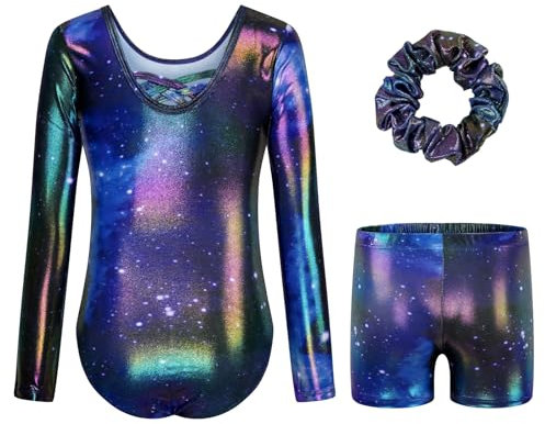 JiAmy Turnanzug Mädchen, Gymnastikanzug Kinder Turnshorts Haarband Set Gekreuzte Schulterriemen Turnanzug Leotard Set für 9-10 Jahre