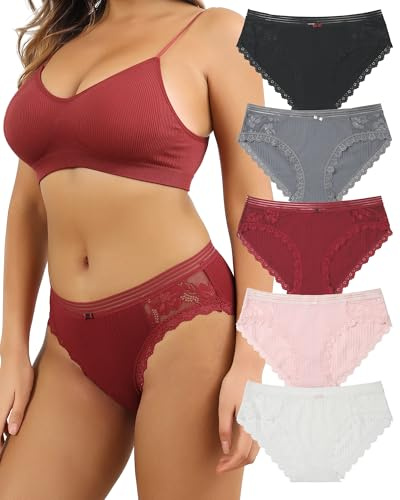 SECRET AROMA Lot de 5 Culottes Coton pour Femmes Sexy Slip en Dentelle Respirant Hipster sous-vêtements Multipacks S-XL