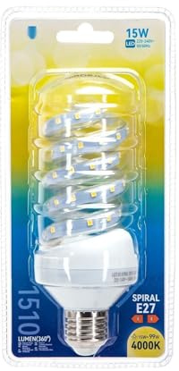 VoltShine Bombilla LED espiral E27 15W, alta eficiencia energética, larga vida útil; ideal para iluminación en hogar y oficina.