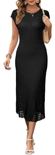 Newshows Women Summer Church 2026 Teacher Outfits Work Black Funeral Midi Wedding Guest Boat Neck Cap Sleeve Hollow Knit Modest Business Casual Elegant Classy Sweater Dress(Black,S)