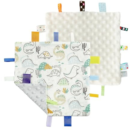 CREVENT Tag Security Blankets for Babies, Soft Small Loveys for Girls, Baby Comforter Sensory Blanket, Great Gifts for Birthday Baby Shower 24X24cm (Dinosaur+Ivory)