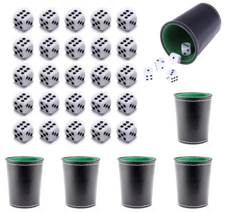 Lot de 6 gobelets à dés en cuir avec 30 dés, gobelets à coudre, jeu de chocs, gobelets en cuir, 6 gobelets à dés en cuir et 30 dés, support en bois pour jeu