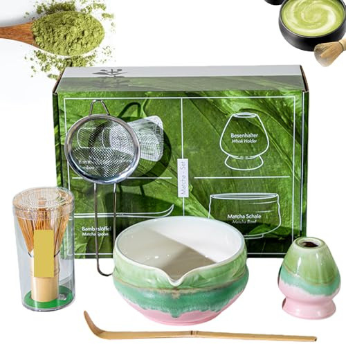 Juego de 5 piezas Matcha, escoba, cuenco y juego rosa con vertedor+batidor+cuchara+chasen+colador, té para ceremonias de té y regalo