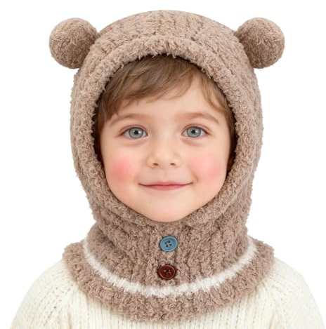 AYPOW Cagoule d'hiver Polaire Thermique pour Enfants 2-6 Ans, Multifonction Chaud Coupe-Vent Animal Bonnet Masque de Ski avec 3D Oreilles, Casquette Cache-Cou Tour de Cou pour Garçons Filles