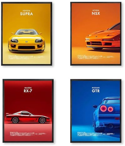 fKiZanthene Set di poster per auto in tela, quattro poster da parete con motivi di auto sportivi, quadri da parete per camera da letto, sala giochi o camera dei ragazzi, immagini moderne per la casa