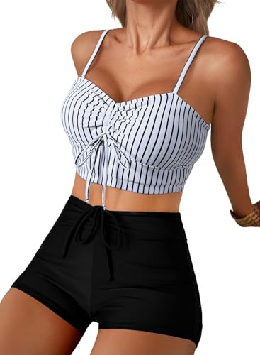 Herseas Swim Suits for Women 2026 Drawstring Tummy Control Swimsuits Stripe Sporty Two Piece Bathing Suit Bandeau Adjustable Thin Straps Bikini Sets Black Stripe Medium