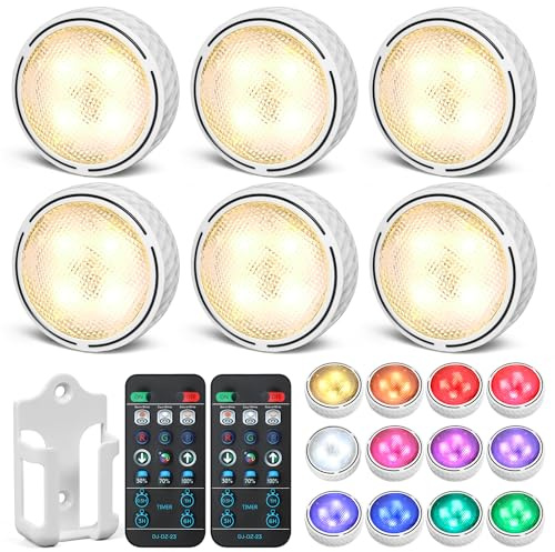 EZSION Puck Lights, Battery Powered Under Cabinet Lights, 6 Pack, White | Push & Remote Control, Warm & Cool White & RGB Colour Changing, Stick on LED Lights for Kitchen, Cupboard, Counter, Shelf