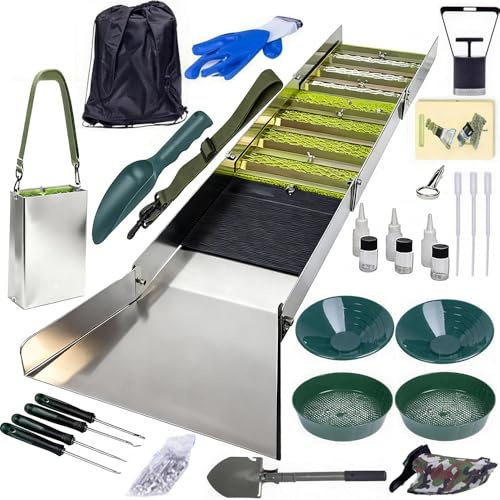 Juego Completo Lavar Oro,Planta Portátil Lavar Oro,Juego Completo Canaletas Lavar Oro Aleación Aluminio,27Piezas,con Diseño de Cuerda de Mano Caja Esclusa Plegable 50 Pulgadas,para Minería de Río