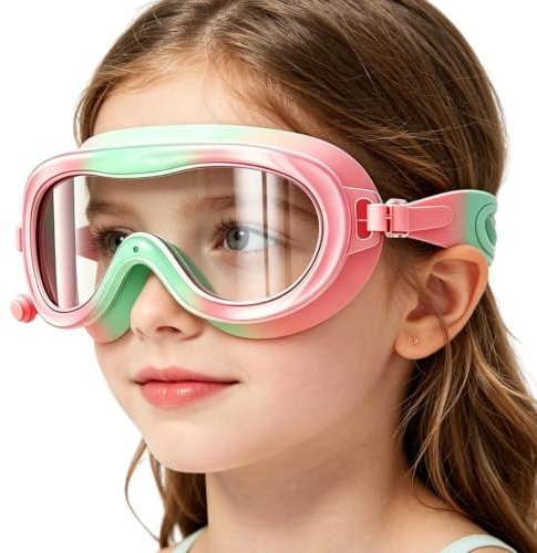 Occhialini da nuoto per bambini, anti-appannamento, grandangolo, con tappi per le orecchie, occhialini da nuoto per ragazze con fascia regolabile, per bambini da 3 a 14 anni, vasca da bagno all'aperto