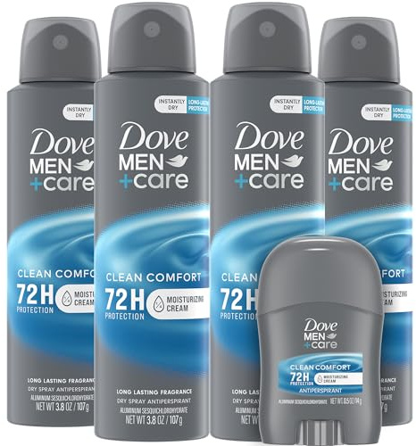 Dove Men+Care Dry Spray Antiperspirant for Men 4-Pack (3.8 Oz Ea) + Travel Deodorant Stick (0.5 Oz) – 72H Protection, Long-Lasting Clean Comfort Fragrance