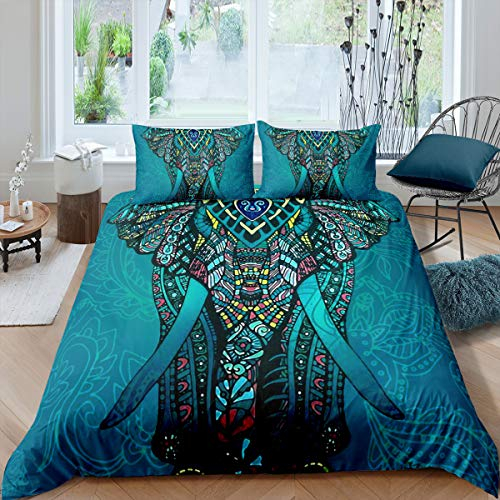 Loussiesd 3D Elefant Bunt Betten Set Grün Indisch Stil Bettwäsche Set Boho Weiche Microfaser Mandala Blumen Bohemian Bettbezug mit 1 Kissenbezug 2 teilig 135x200 cm + 80x80 cm, Mädchen Kinder