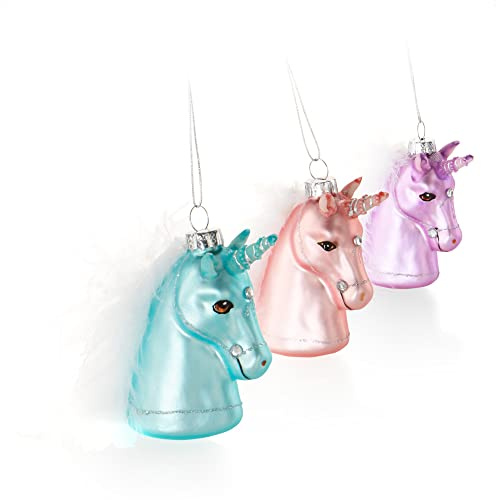 com-four® 3X Premium Christbaumschmuck - Einhorn mit Federmähne aus echtem Glas - besondere Baumkugeln als Weihnachtsdeko - spezielle Weihnachtsbaumanhänger (Einhorn mit Mähne - 3 Stück)