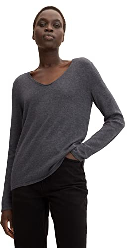 TOM TAILOR Damen Basic Strickpullover mit V-Ausschnitt, 30281 - Evident Anthracite Melange, M