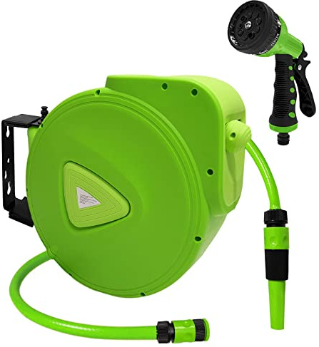 HENGMEI Slangtrumma mobil slang 20 + 2 m slangvinda automatisk slangbox 180° vridbar för bevattning, biltvätt (20 meter med sprutpistol, grön)