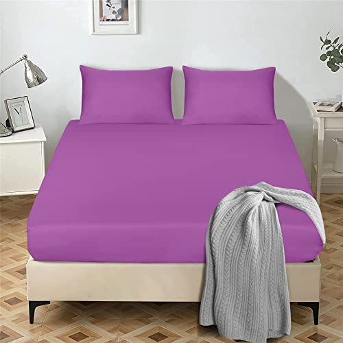 My home store Fitted Sheet 25 cm Deep Brushed Microfiber Ultra Soft No-Iron Wrinkle-Resistant Plain Dyed Fitted Bed Sheets Hypoallergenic Breathable Sheets (Purple, Super King)