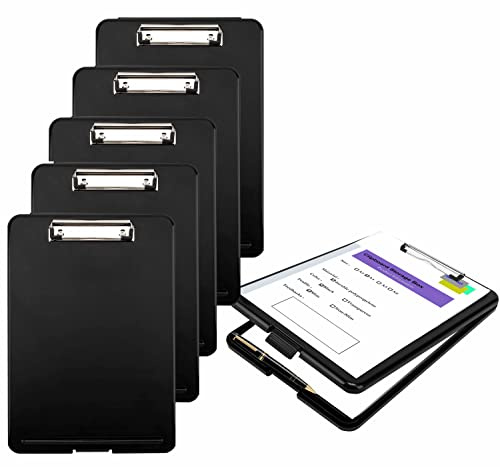 [Lot de 6] Porte-bloc avec Compartiment de Rangement, A4 Support De Papier Clip De Rangement Conseil, PP Presse-papiers Dossier Pliable, Robuste et Léger Planchettes Fichier, Noir TKD8052-black-6X
