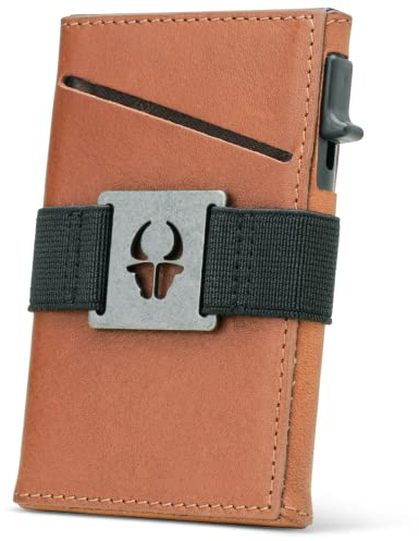 DONBOLSO Slim Wallet Las Vegas I Minimalistisches Kartenetui I Kompaktes Herren Portemonnaie aus Leder I RFI Schutz I Push Up Kartenhalter mit Vordertasche für Cash & Scheine Riemen - Nappa Braun
