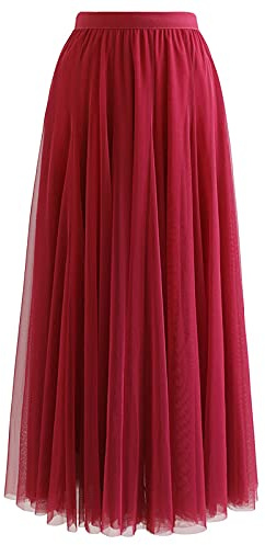 CHICWISH Dam lila/kräm/grå/rosa/svart lager nät balett bal party tyll tutu A-linje maxikjol, röd/utflykt, enfärgad (Getaway Solids), XXL