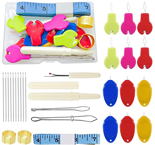 Nadeleinfädler Bausatz,29 Stück Einfädelhilfe Set,enthalten Daumen Geformt einfädelhilfe für nähnadeln/Nadeleinfädler mit Klinge/Naht Rippers/Nähnadel/Fingerhut/Bandmaß