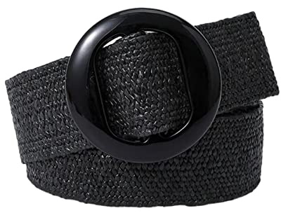 Rfxcom Adjustable Buckle Belt Women's Elastic Band Woven Braided Wide Belt Color Straw Vintage, Black, One Size