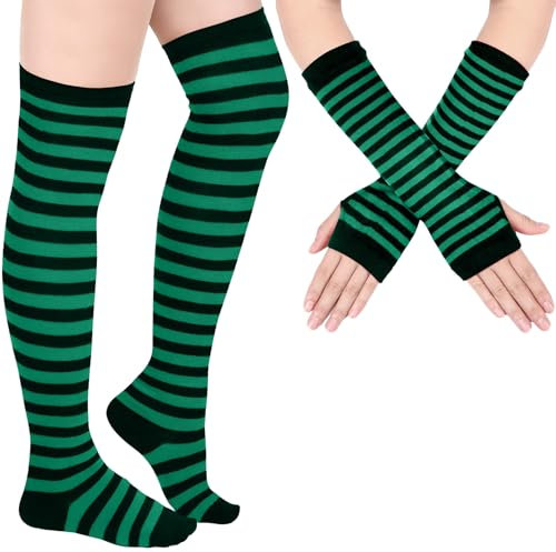 Blulu Armstulpe Beinwärmer für Damen Gestreifter Oberschenkel Strumpf Fingerlose Handschuhe Streifen Strumpf (Grün und Schwarz)