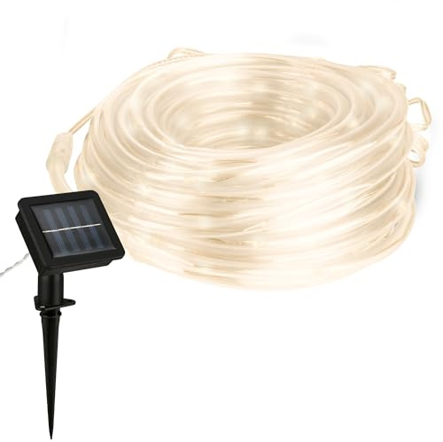 BRILONER – LED-remsa solar 10 meter, varmt vitt ljus, stänksäker solljuskedja utomhus, LED-remsa med 2 ljuslägen, LED-slang utomhus, LED-band sol, vit